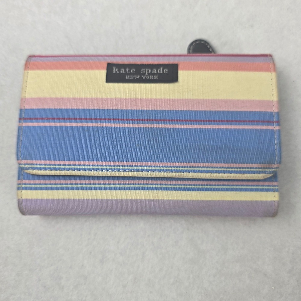 Kate Spade New York Striped Canvas Trifold Wallet Multicolor Leather Trim